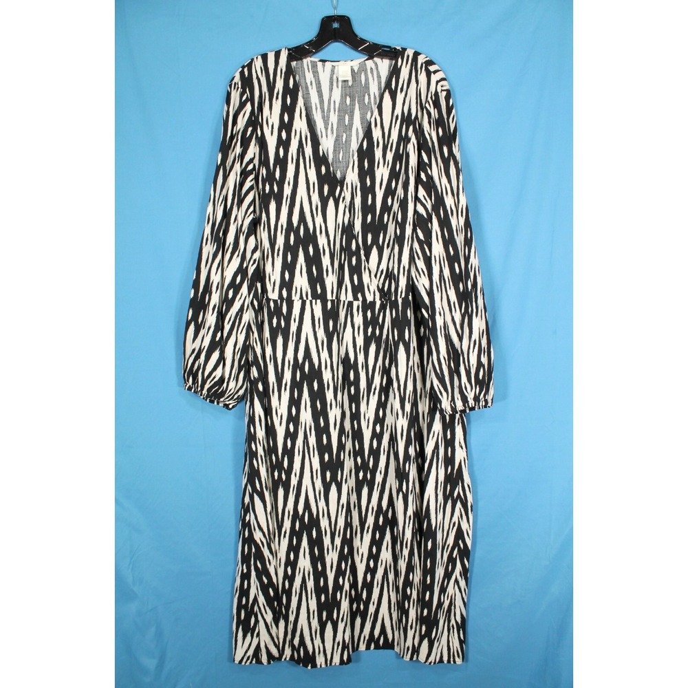 H&M Black/White WRAPOVER FRONT V-Neck BALLOON SLEEVES Maxi Bohemian DRESS Sz XXL